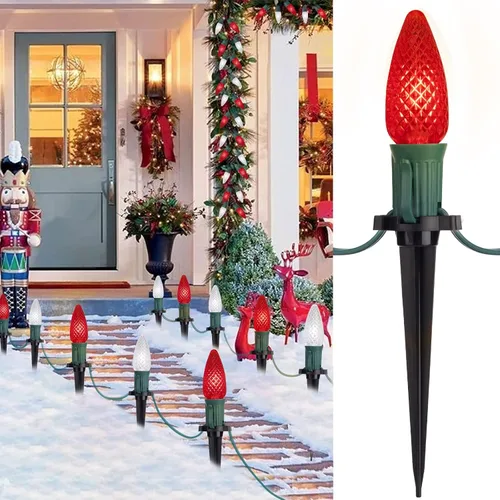 Miniatura 16 de Tira de luces LED estilo sendero de Navidad para exteriores; tira de 20 luces LED C9 con carcasa de fresa y estaca, interconectables, luz cálida
