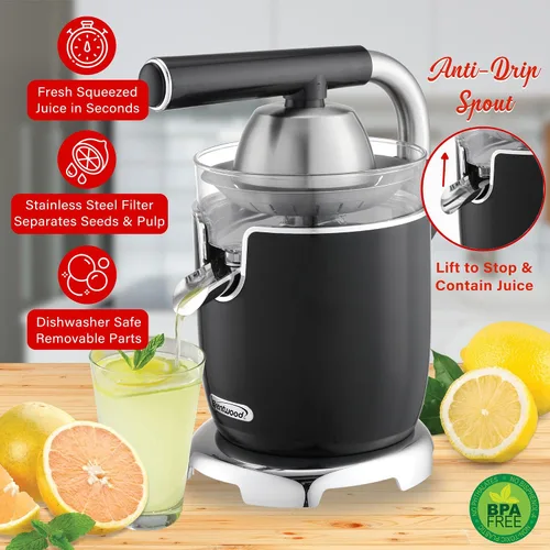 Miniatura 2 de Brentwood Potente exprimidor eléctrico de cítricos, naranja, limón, lima y pomelo, palanca ergonómica, 2 conos, piezas aptas para lavavajillas Negro