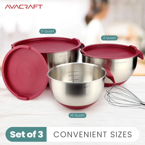 Miniatura 2 de AVACRAFT Tazones para mezclar de acero inoxidable 18/10 con tapas, tazones con base de silicona antideslizante con mango, juego de tazones para Rojo