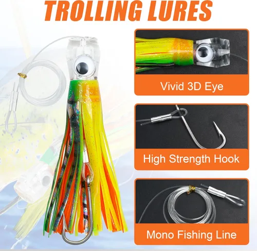 Miniatura 2 de Señuelos de arrastre de agua salada, señuelos de pesca de 6/9 pulgadas en alta mar para atún Marlin Mahi Wahoo Cebo de pesca en mar profundo, Mezcla