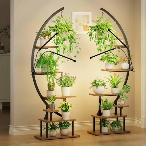 Miniatura 8 de GREENSTELL Soporte para plantas de interior con luces de crecimiento, soporte de metal alto de 7 niveles para plantas de interior, estante de Marrón