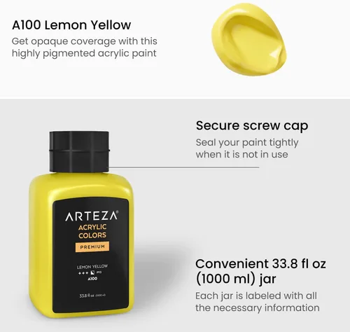 Miniatura 2 de ARTEZA Pintura acrílica, A100 amarillo limón, 33.8 onzas líquidas, tarro de 30.3 fl oz, opaco, de secado rápido, pinturas acrílicas para pintar A503