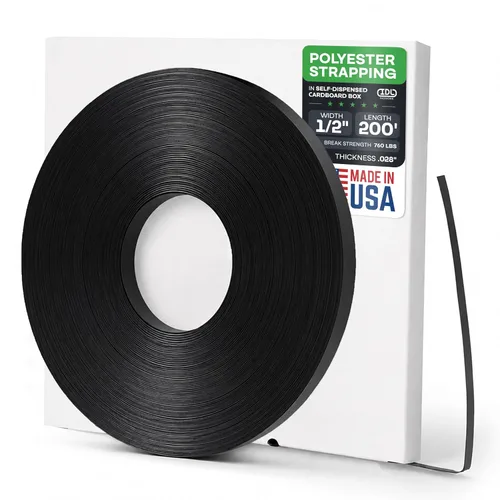 IDL Packaging Bobina de flejado de poliéster (PET) Mini de 1/2" x 0.028" x 200', resistencia a la rotura de 760 lbs, negro - Resistencia a rayos UV,