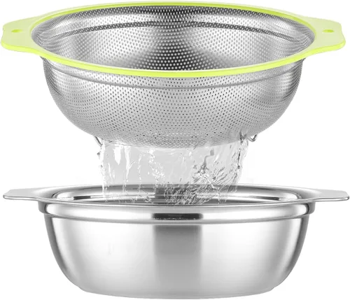 Miniatura 11 de Colador de Acero Inoxidable Microporoso, Lavador de Arroz de Gran Capacidad de 5QT con Tazón Mezclador, Juego de Tazón Colador de Arroz de 12.5