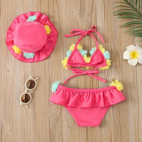 Miniatura 5 de Yccutest Traje de baño de flores para bebé, 3 piezas, parte superior triangular, parte inferior con volantes, sombrero para el sol, conjunto