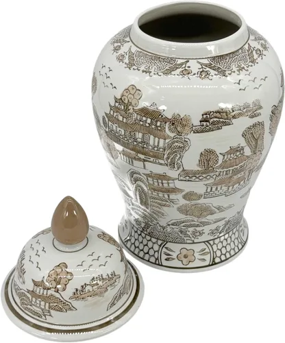 Miniatura 4 de Galt International Jarrón de Templo de Cerámica Chinoiserie Floral Marrón y Blanco de 18" con Tapa - Jarrón de Jengibre Decoración para Hogar