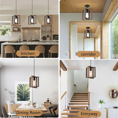 Miniatura 7 de 9MMML Iluminación colgante industrial pequeña, lámpara colgante de cocina estilo granja con cable, madera+metal, 1 luz E26 para comedor dormitorio