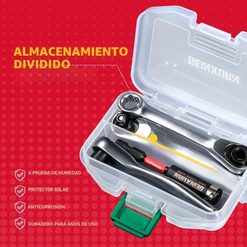 Miniatura 9 de GEINXURN Juego de 4 Mini Llaves de Trinquete y Soporte para Brocas, Llave de Mango de Trinquete de Accionamiento de 1/4", Llave de Vaso Reversible