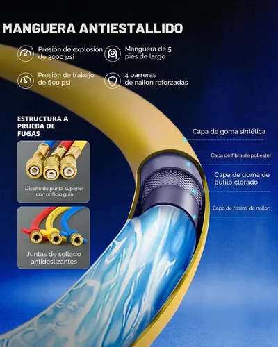 Miniatura 6 de Orion Motor Tech Medidores de CA, juego de manómetros de CA para refrigerante R134a R12 R502, coche de 3 vías con mangueras de 5 pies acopladores