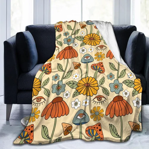 Manta de hongos florales retro de los años 70, mantas suaves de franela para cama, acogedora y ligera, regalos de felpa para mujeres, hombres,