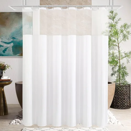 Miniatura 18 de Gibelle Juego de cortina de ducha de tejido gofre con ventana superior de malla y ganchos, cortina de ducha de tela estilo spa para baño, beige, 72