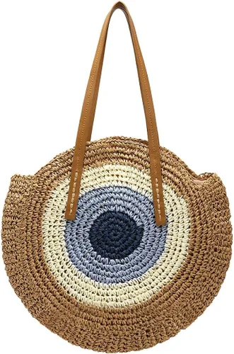 JBR Bolso grande redondo de paja tejido al hombro bolso cruzado para mujer bolso de mano