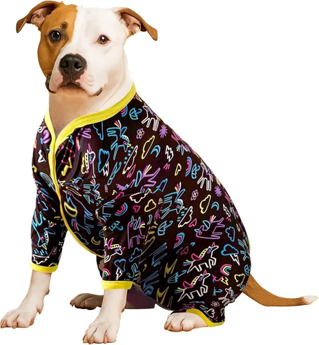 Miniatura 12 de LovinPet Mameluco para perros de razas grandes, pijama para perro, tela elástica ligera, camisa de manga larga para perro, estampado Paw-Some gris