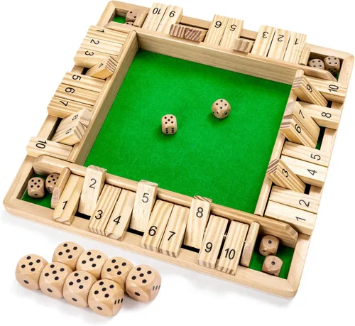 Ropoda Juego de madera para cerrar la caja (2-4 jugadores), tablero grande de 4 lados, 8 dados, reglas, divertido juego de adición para niños y