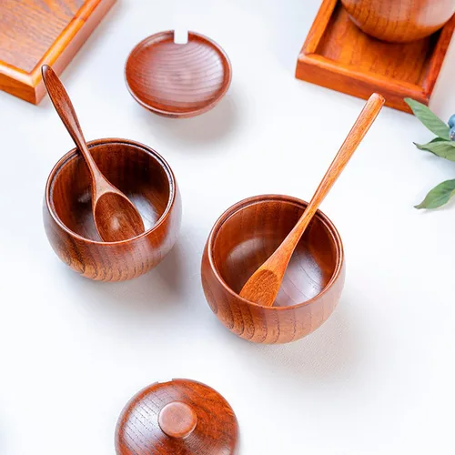 Miniatura 2 de Cuenco de madera para sal y pimienta, caja de especias con tapa, cuchara, sal, bodega, tazones para especias, soporte para azúcar de cocina