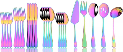 JASHII Juego de cubiertos de 25 piezas con tenedor y cuchara con utensilios para servir para 4, cubiertos de acero inoxidable de grado alimenticio