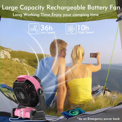Miniatura 4 de RUNTOP Ventilador de 20000 mAh, funciona con pilas, ventilador de campamento de 2 aspas, ventiladores de escritorio recargables por USB con luz LED