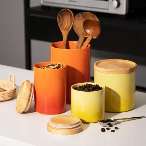 Miniatura 3 de Sweejar Tarro de cerámica para almacenar alimentos, recipientes de cocina apilables, recipientes con tapa de madera hermética para servir café