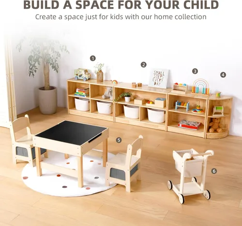 Miniatura 5 de OOOK Armario esquinero de madera de goma, organizadores y almacenamiento de juguetes de 2 niveles, estante Montessori para habitación de niños, sala