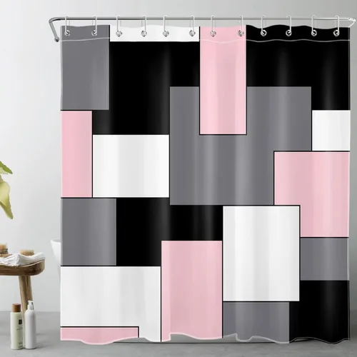 HVEST Cortina de ducha geométrica rosa con ganchos, cortina de ducha moderna geométrica abstracta gris y blanco para baño, 72 x 72 pulgadas, juego