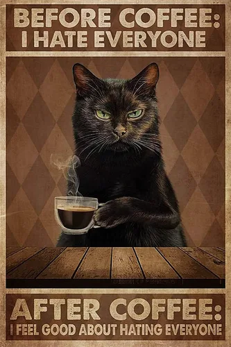 Letreros de lata vintage con texto en inglés "Cat Before Coffee I Hate Everyon", decoración de pared vintage, arte retro, decoraciones divertidas