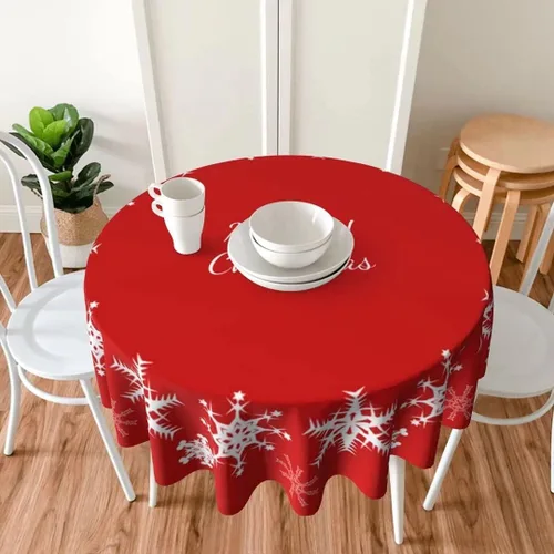 Miniatura 6 de Mantel redondo de Navidad con diseño de copos de nieve de Navidad para cocina, comedor, decoración de mesa de poliéster lavable para mesa de bufé