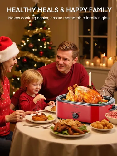 Miniatura 9 de FOHERE Horno asador eléctrico de 26 cuartos de galón con tapa visible y autofundante, tostador grande de pavo con función de descongelación y calor