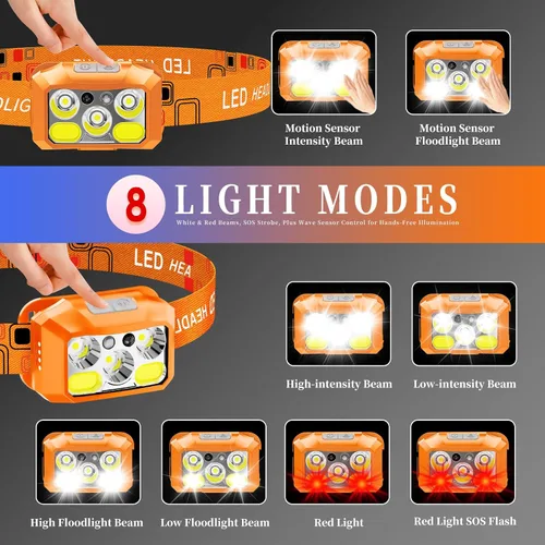 Miniatura 4 de Linterna frontal LED recargable, 800 lúmenes con luz roja y blanca, 8 modos, sensor de movimiento, carga USB-C, IPX4 impermeable (1, naranja)
