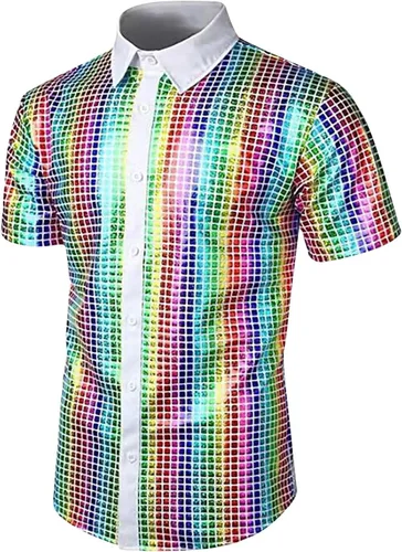 Camisa de Disfraz para Hombre con lentejuelas coloridas y Manga Corta con botones, Blusas con solapa Brillante Tops