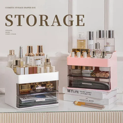 Miniatura 7 de Organizador de maquillaje para tocador, organizador de tocador con 2 cajones, organizadores de maquillaje y cuidado de la piel, vitrina de Crema
