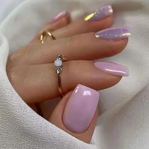 Miniatura 8 de BFY Uñas postizas a presión de ojo de gato, uñas postizas cuadradas medianas, uñas acrílicas de gel rosa claro, kit de uñas postizas holográficas