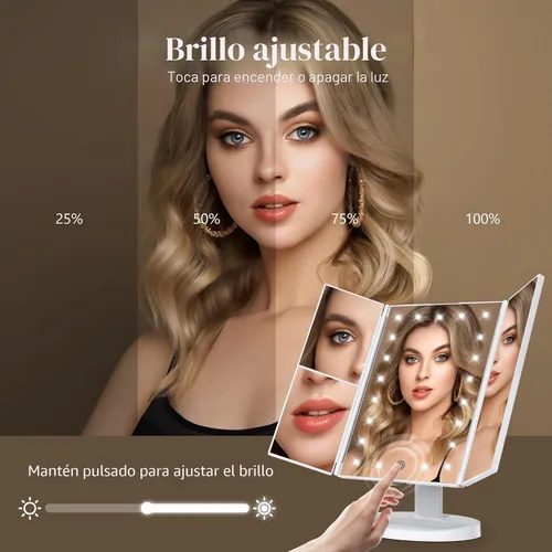 Miniatura 3 de HUONUL - Espejo para maquillaje con luces LED, aumento de x1, x2 y x3, iluminado, control táctil, espejo triple plegable, fuente de alimentación