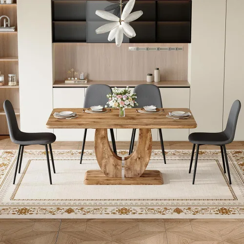 Miniatura 17 de Juego de mesa de comedor moderno para 4, mesa de cocina de madera de 63 pulgadas con 4 sillas tapizadas de gamuza de tela, estilo granja con parte