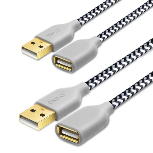 Miniatura 11 de OKRAY - Cable de extensión USB, paquete de 2 cables de extensión USB 2.0 de nailon trenzado de 6 pies tipo A, macho a hembra, con conector chapado