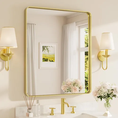Miniatura 26 de TETOTE Espejo de marco dorado cepillado de 16 x 24 pulgadas, espejo de tocador de baño de latón dorado para pared, espejo enmarcado rectangular