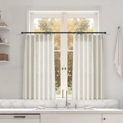 Miniatura 63 de Juego de 2 paneles de cortinas de ventana de cocina beige de 24 pulgadas de largo, con textura de lino, plisadas, filtrantes de luz, semi pequeñas