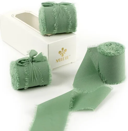 MEEDEE Cinta de gasa verde salvia de 2 pulgadas, cintas de flecos deshilachados de gasa salvia para manualidades, cinta de gasa de seda para