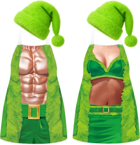 Miniatura 10 de 4 Piezas de Delantales de Navidad con Sombreros para Mujeres y Hombres, Delantales de Cocina Ajustables Divertidos para Cocinar para BBQ y Fiesta