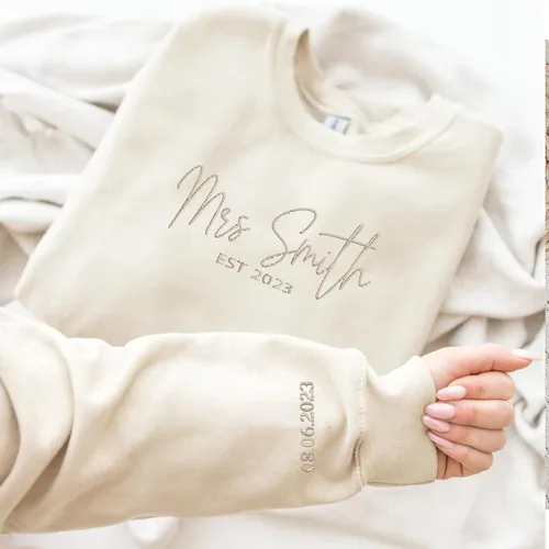 Miniatura 3 de GodLover Personalized Embroidered Mrs. Sweatshirt With Date On Sleeve, Bride Sweatshirt,Bachelorette Party Gifts For Bride