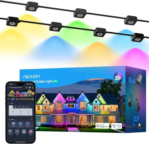Miniatura 11 de ASAHOM Luces permanentes para exteriores Pro S108B, 100 pies con 72 luces LED RGBCW, WLED integrado, 70lm blanco, efecto dinámico 30000, iluminación