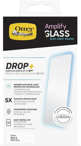OtterBox AMPLIFY - Protector de pantalla de cristal antimicrobiano con luz azul para iPhone 14, iPhone 13 y iPhone 13 Pro, respuesta táctil