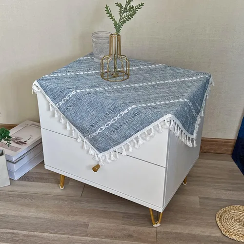 Miniatura 14 de Mantel Redondo Pequeño de Lino Rústico para Mesita de Noche con Rayas Bordadas Lavable Azul Cubierta de Mesa Estilo Granja con Puntadas y Borlas