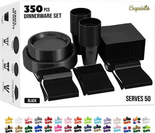350 piezas de platos de plástico negro para fiestas, juego de platos desechables negros, 50 de cada juego de platos para cena de 9 pulgadas, platos