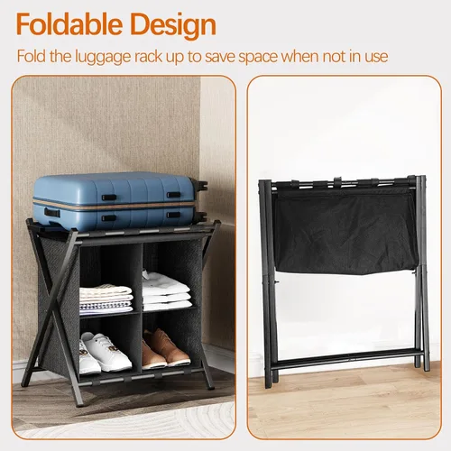 Miniatura 7 de Huhote Portaequipajes para habitación de invitados, soporte plegable para maleta con estante de almacenamiento de tela, soporte para equipaje