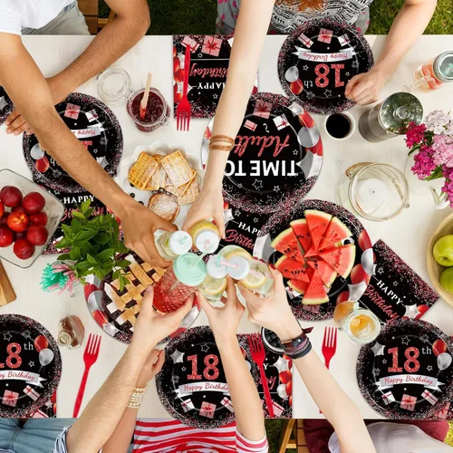 Miniatura 5 de gisgfim 96 piezas de suministros para fiesta de cumpleaños de 18 años, platos de papel, servilletas, hora de ser adulto, rojo y negro, juego