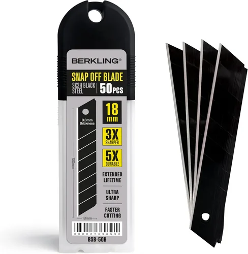 Berkling Hojas de Cuchillo Utilitario de 18mm, 50 PIEZAS | Acero SK2H Negro | 3 Veces Más Filas y 5 Veces Más Duraderas que SK5 | Compatibles con