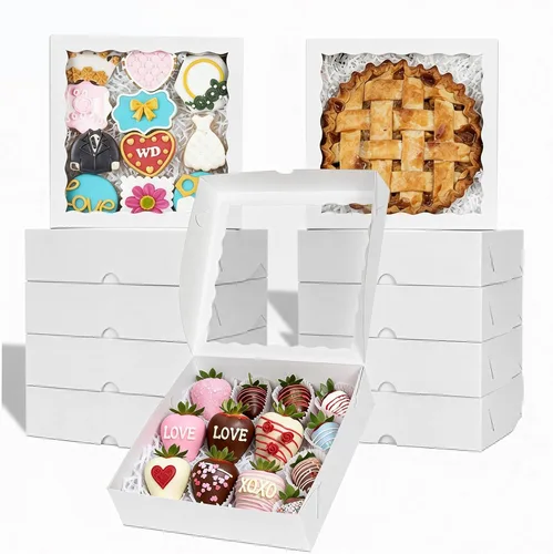 Miniatura 9 de TEMLQPACK 25 cajas de panadería marrones de 9 x 9 x 2.5 pulgadas con ventana para galletas, macarrón, fresas cubiertas de chocolate, mini pastel