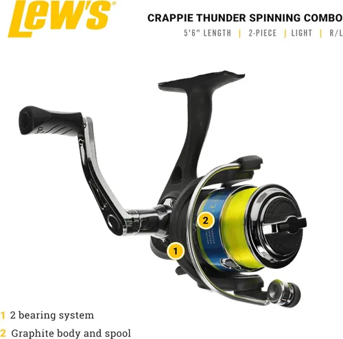 Miniatura 2 de Lew's Crappie Thunder - Carrete giratorio y caña de pescar, 2 piezas de grafito IM6 en blanco, recuperación de mano derecha o izquierda