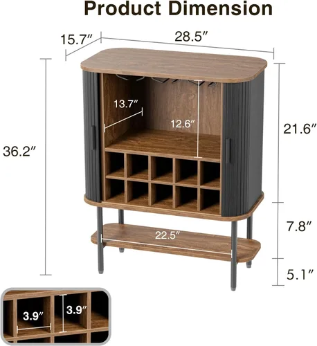 Miniatura 2 de FiveWillowise Gabinete de Bar de Café Negro con Almacenamiento, Gabinete de Licores y Vinos Acanalado con Puertas Corredizas, Portavasos