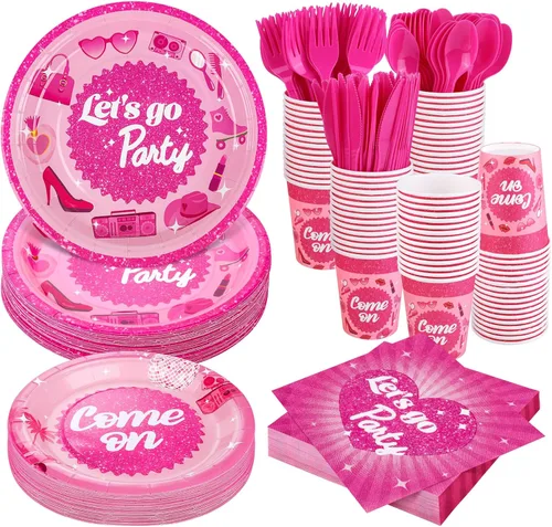 Miniatura 9 de Kochorie 400 piezas de decoraciones de fiesta de feliz cumpleaños, incluyendo platos de papel desechables, vasos, servilletas, juegos de vajilla que
